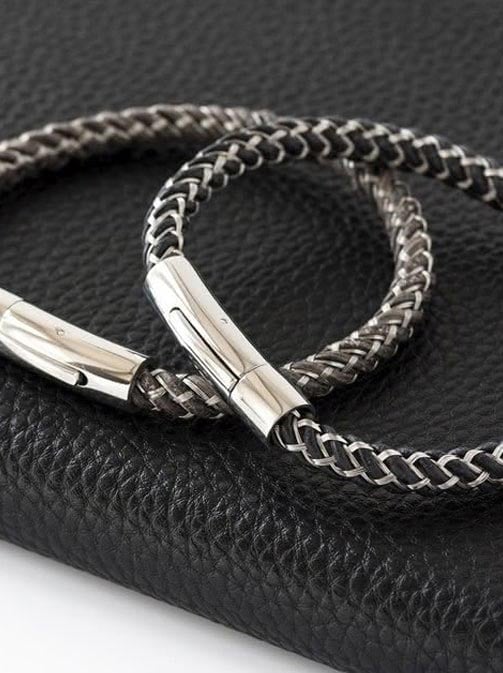 Bracelet homme personnalisé en Acier et Cuir tressé marron