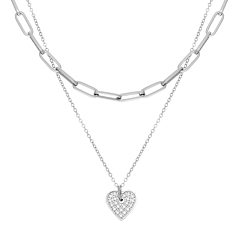 Collier deux rangs maillon coeur zircon (plaqué or blanc), Zag Bijoux