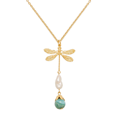 Collier pendentif libellule et perles (plaqué or)
