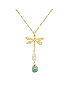 Collier pendentif libellule et perles (plaqué or)