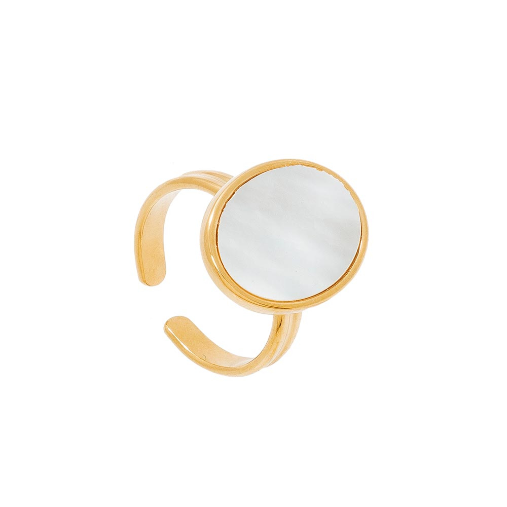 Bague Ouverte Réglable – Or Jaune Plaqué Acier, Ornée De Nacre Blanc Et Noir – Style Minimaliste – Neuf Avec étiquette