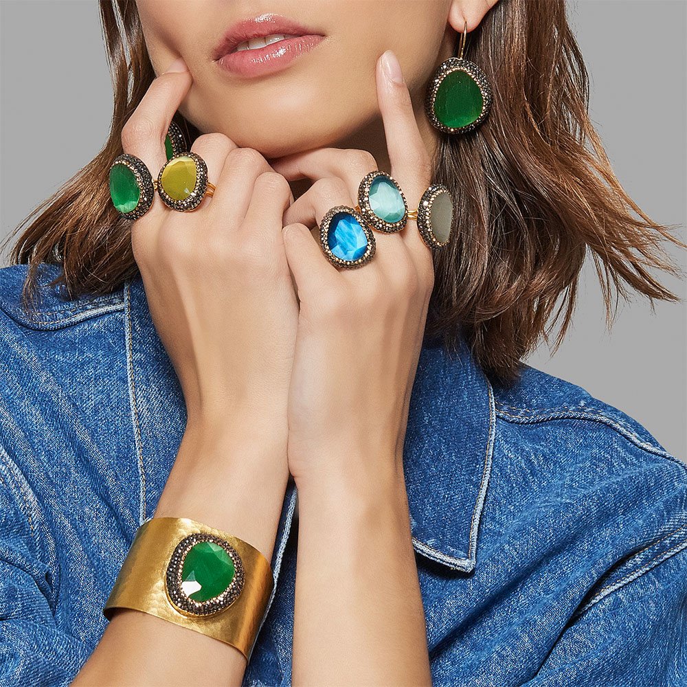 Bague plaqué or pierre verte clearance