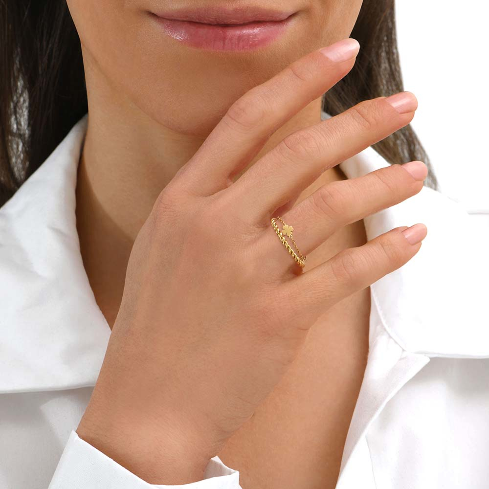 Bague fine et chaine trefle dore Jollia