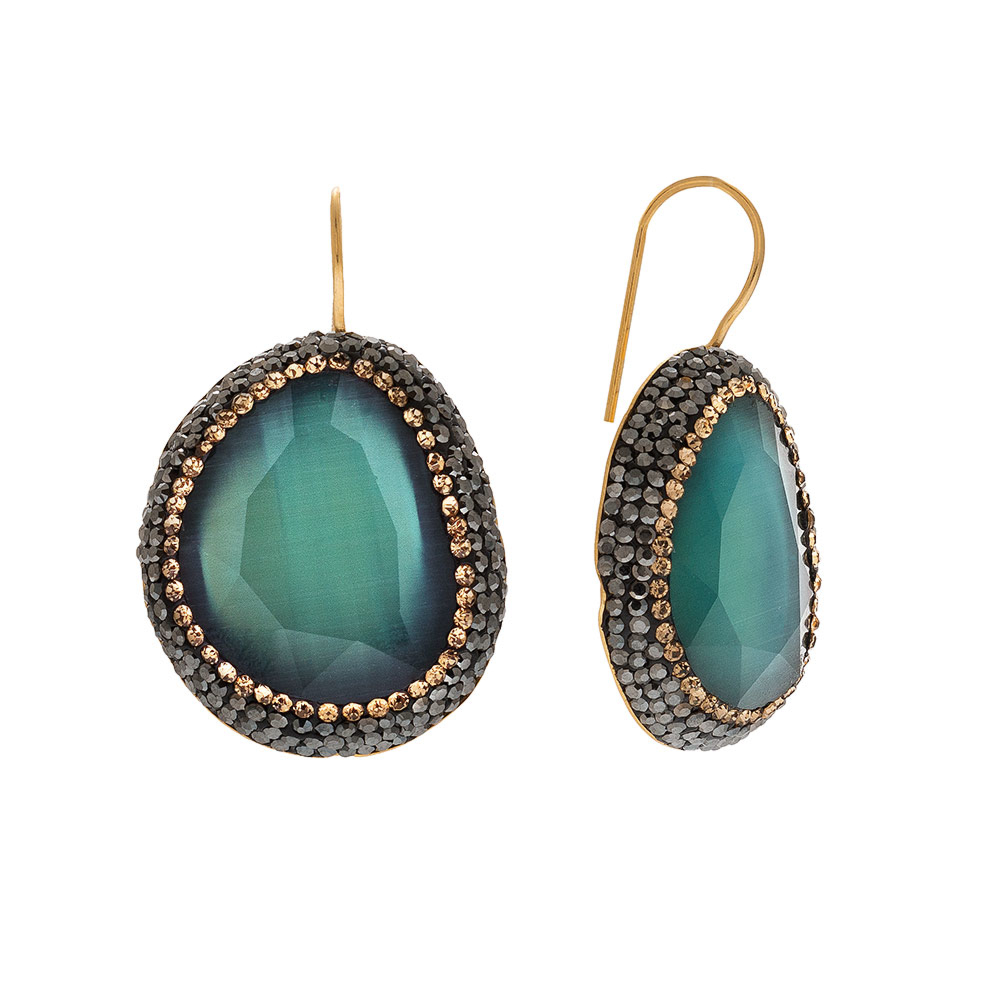 Boucles D'Oreille Pendantes Lames Plaqué Or - Zirconiums Noirs - Neuf Avec Étiquettes