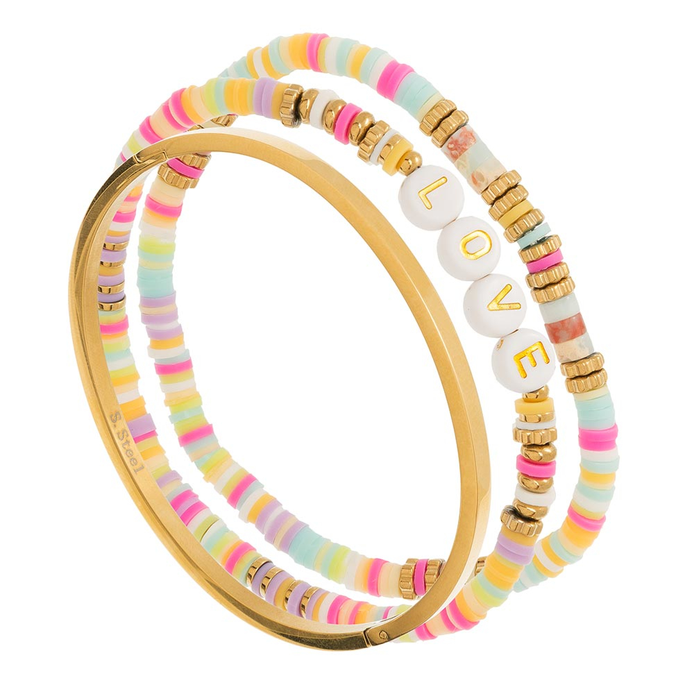 Set bracelets élastique multicolore message love et Jonc (acier doré) -  Jollia