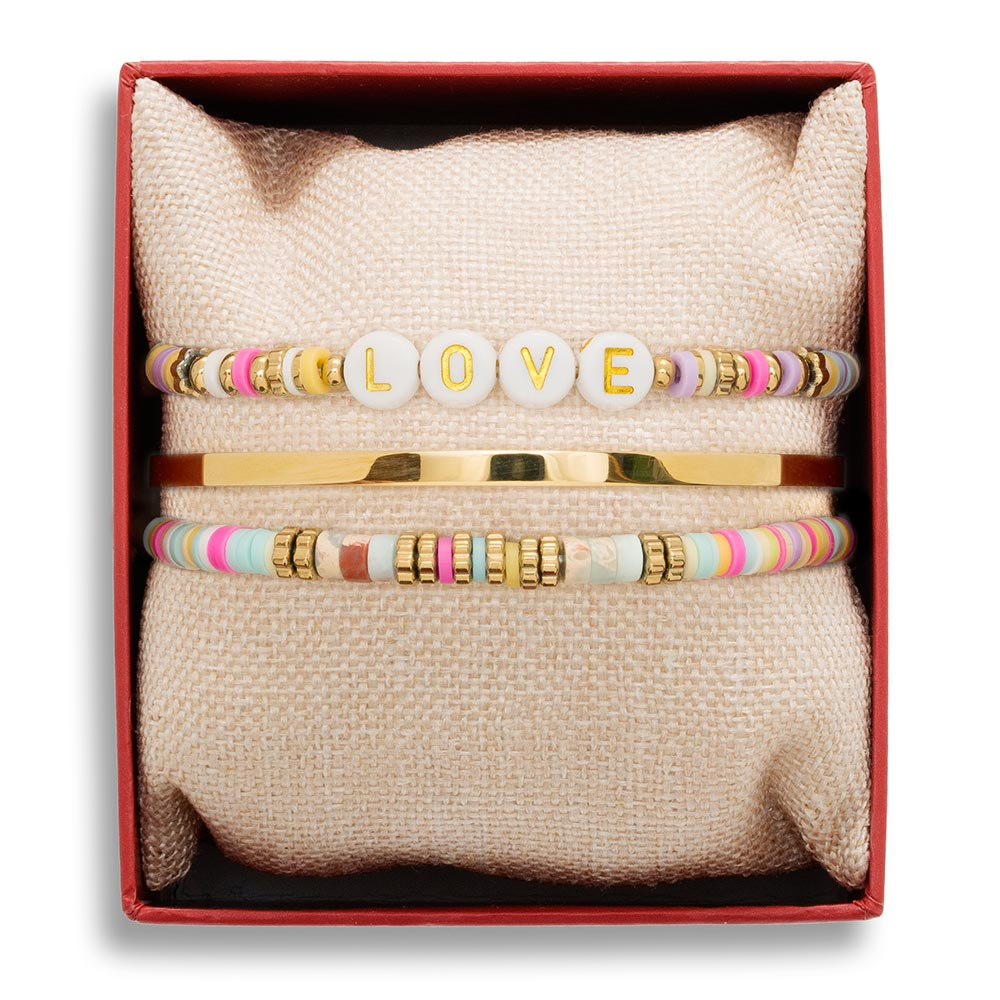Set bracelets élastique multicolore message love et Jonc (acier doré) -  Jollia